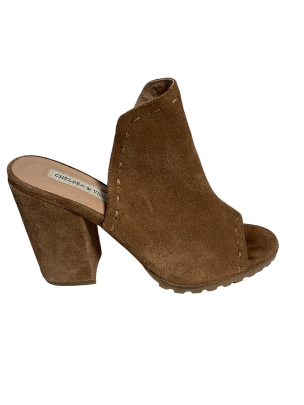 Chelsea & Violet Brown Suede Peep-Toe Block Heel  Chunky Y2K Mules "Tess" Sz 7